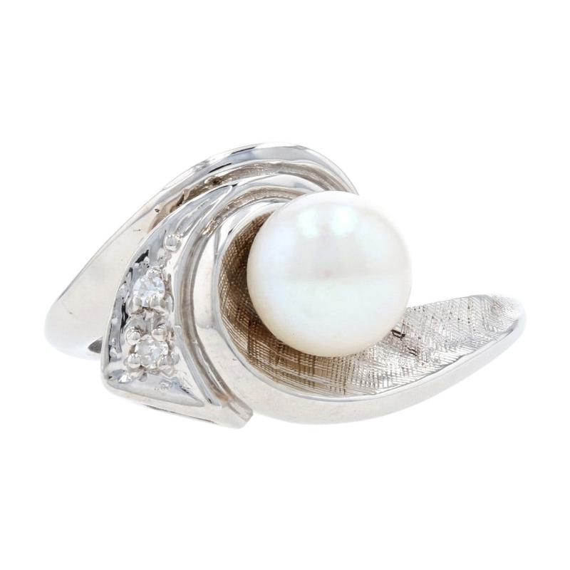 White Gold Cultured Pearl & Diamond Wave Bypass Ring - 14k Crosshatch
