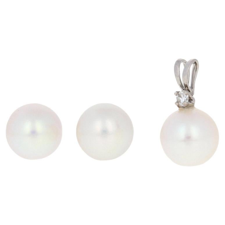 White Gold Cultured Pearl Earrings & Pendant Set 14k Diamond Pierced Studs For Sale