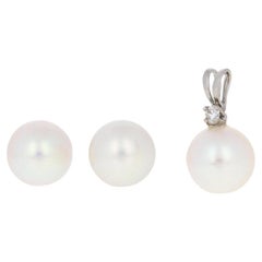 Vintage White Gold Cultured Pearl Earrings & Pendant Set 14k Diamond Pierced Studs