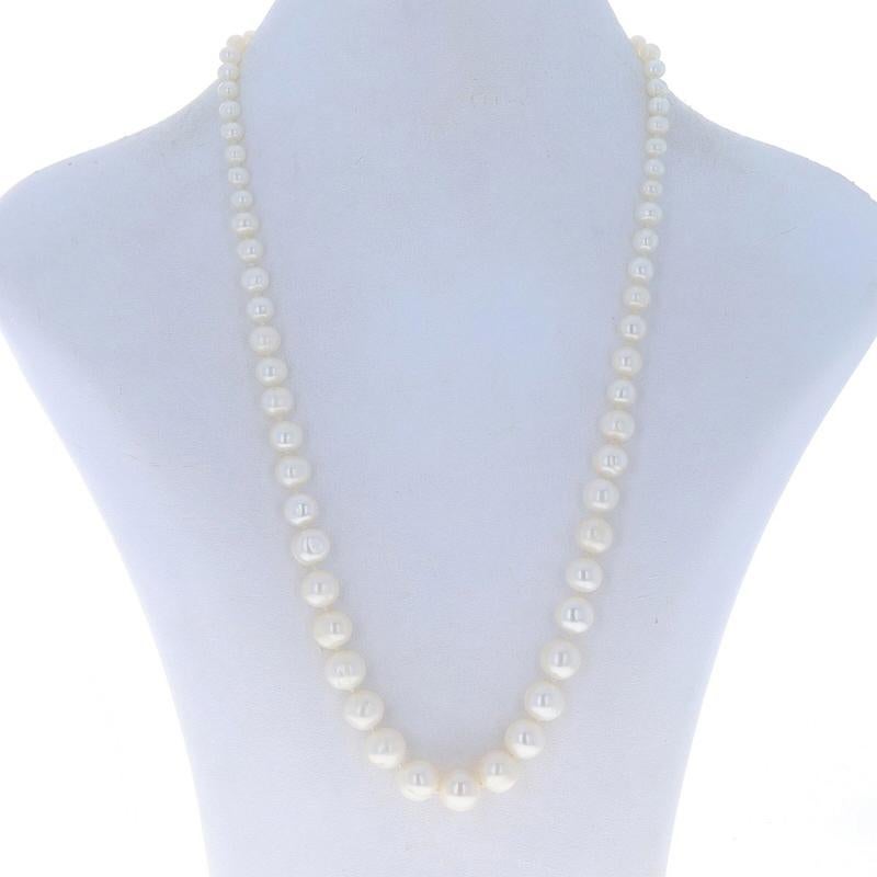 Metal Content: 18k White Gold

Stone Information

Cultured Pearls
Color: White
Size: 4.7mm - 10.4mm

Style: Graduated Knotted Strand
Fastening Type: Tab Box Clasp with Safety Bar

Measurements

Length: 19