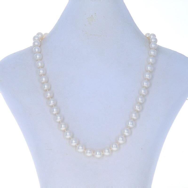 Metal Content: 14k White Gold

Stone Information
Cultured Pearls
Color: White
Size: 8.3mm - 9.3mm

Style: Knotted Strand
Fastening Type: Tab Box Clasp with Safety Bar
Features: Ribbed Detailing on Clasp

Measurements
Length: 17 3/4