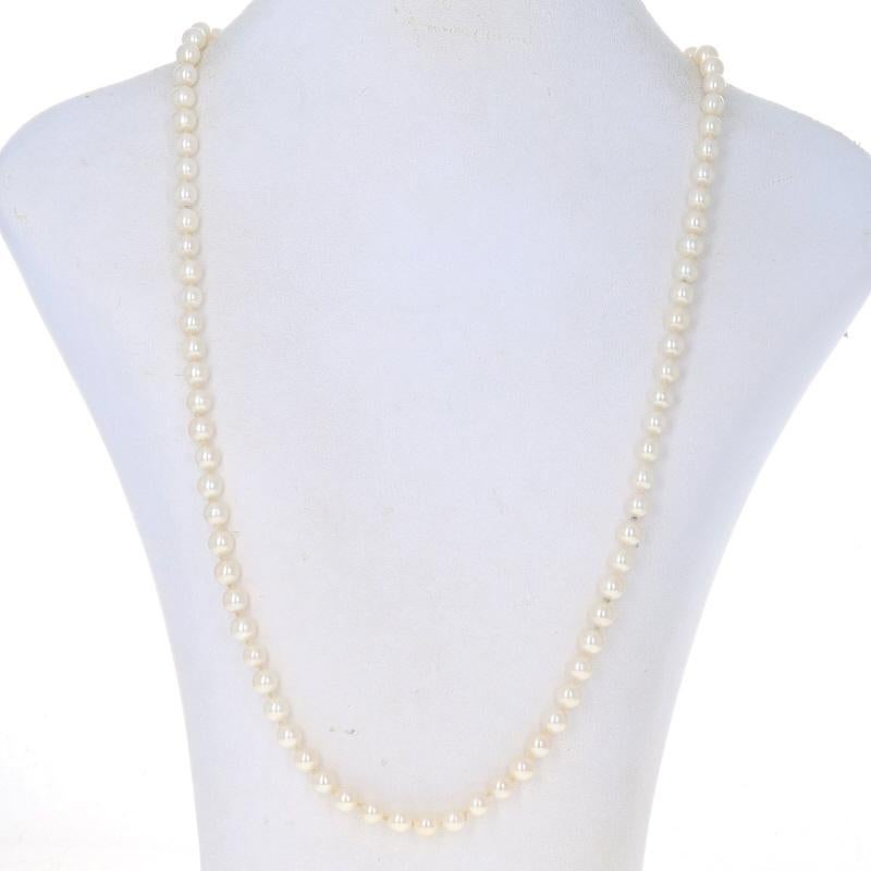 Metal Content: 14k White Gold

Stone Information

Cultured Pearls
Color: Cream
Size: 5.8mm - 5.9mm

Style: Knotted Strand
Fastening Type: Fishhook Clasp

Measurements

Length: 22 1/2
