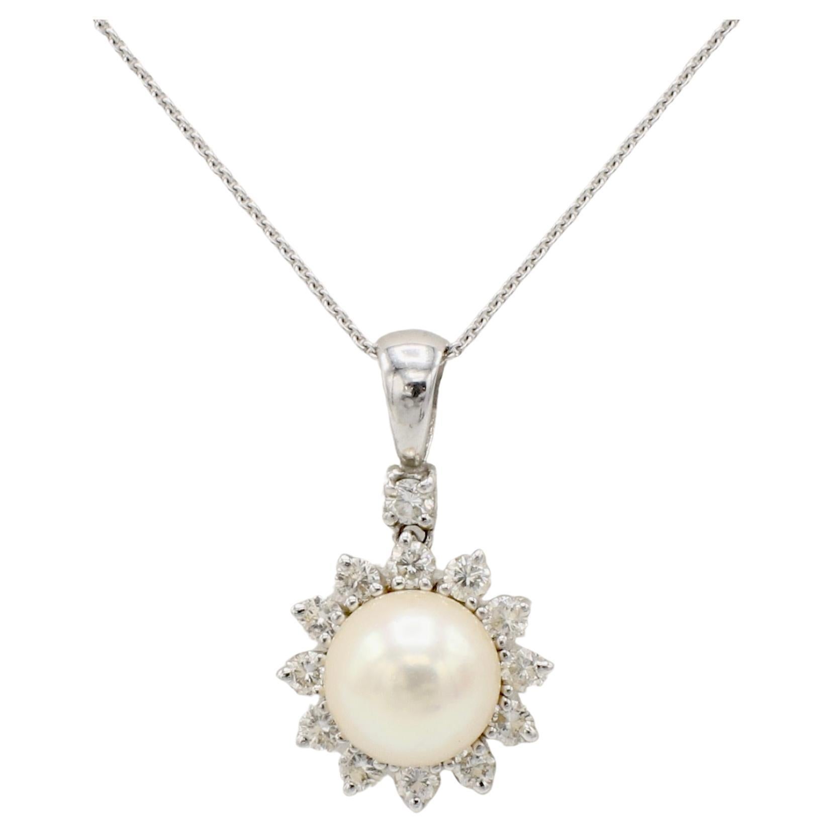 White Gold Cultured Pearl & Natural Diamond Drop Pendant Necklace For Sale