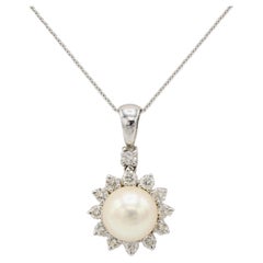 White Gold Cultured Pearl & Natural Diamond Drop Pendant Necklace