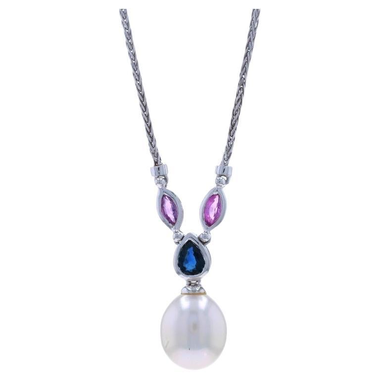 White Gold Cultured Pearl Sapphire Sapphire Drop Necklace 16 3/4" - 18k .61ctw