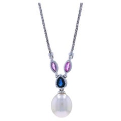 White Gold Cultured Pearl Sapphire Sapphire Drop Necklace 16 3/4" - 18k .61ctw