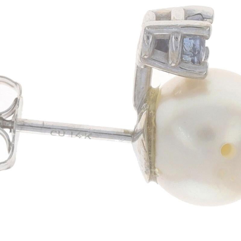 White Gold Cultured Pearl & Sapphire Stud Earrings - 14k .30ctw In Excellent Condition For Sale In Greensboro, NC