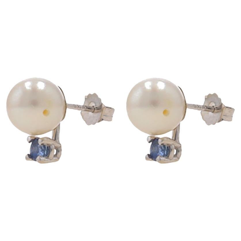 White Gold Cultured Pearl & Sapphire Stud Earrings - 14k .30ctw For Sale