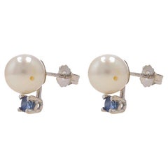 White Gold Cultured Pearl & Sapphire Stud Earrings - 14k .30ctw