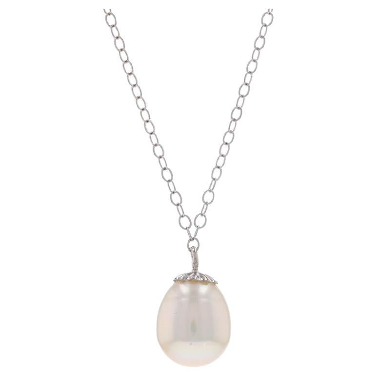 White Gold Cultured Pearl Solitaire Pendant Necklace 17 1/2" - 14k For Sale