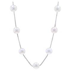 White Gold Cultured Pearl Station Necklace 17" - 14k Box Chain Italy