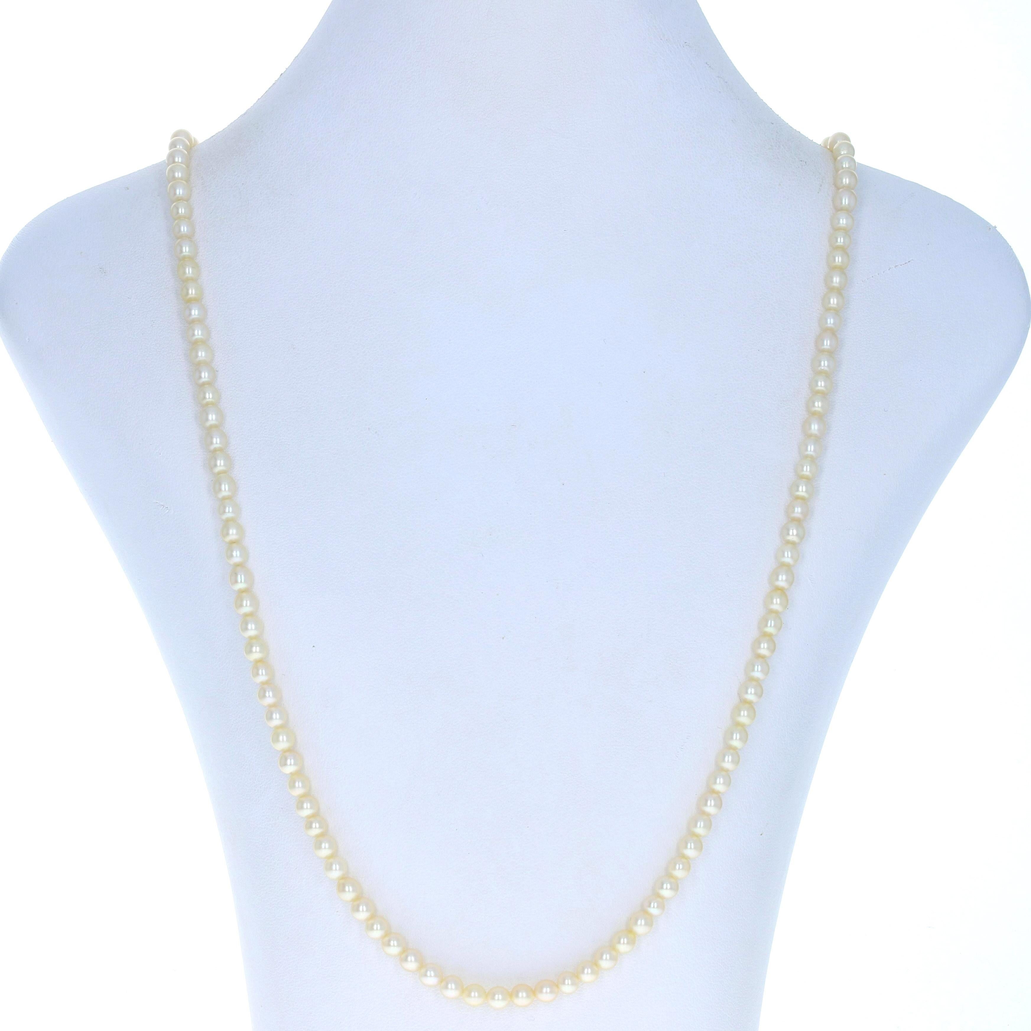 White Gold Cultured Pearl Strand Necklace 25" - 8k Fishhook Clasp 4.9mm