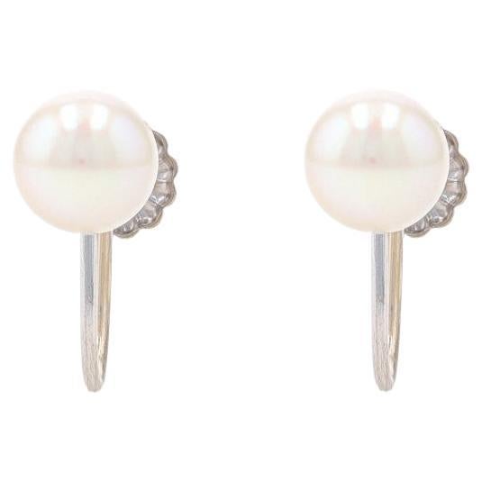 White Gold Cultured Pearl Stud Earrings - 14k Non-Pierced Screw-Ons For Sale