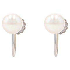 White Gold Cultured Pearl Stud Earrings - 14k Non-Pierced Screw-Ons