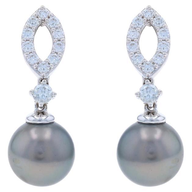 White Gold Cultured Tahitian Pearl & Diamond Dangle Earrings 14k .60ctw Pierced