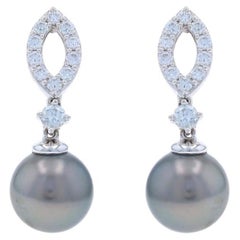 White Gold Cultured Tahitian Pearl & Diamond Dangle Earrings 14k .60ctw Pierced