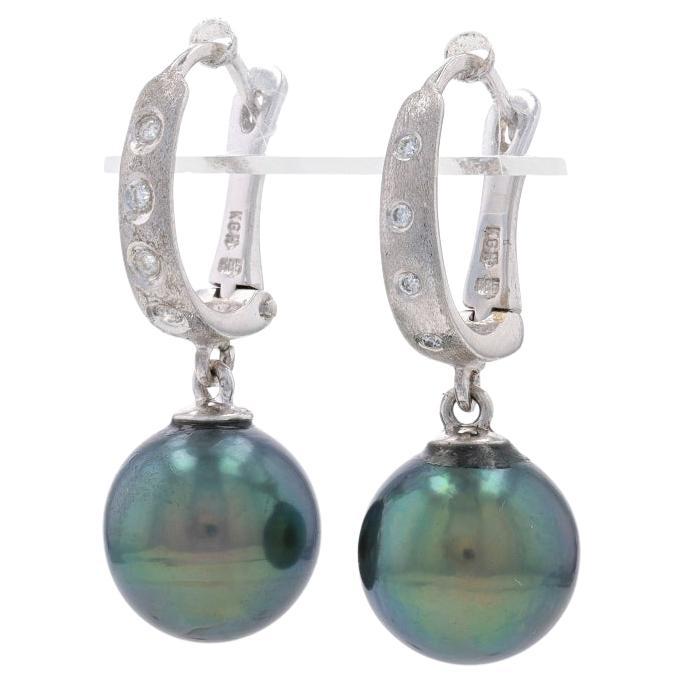White Gold Cultured Tahitian Pearl Diamond J-Hoop Dangle Earrings - 14k Pierced For Sale