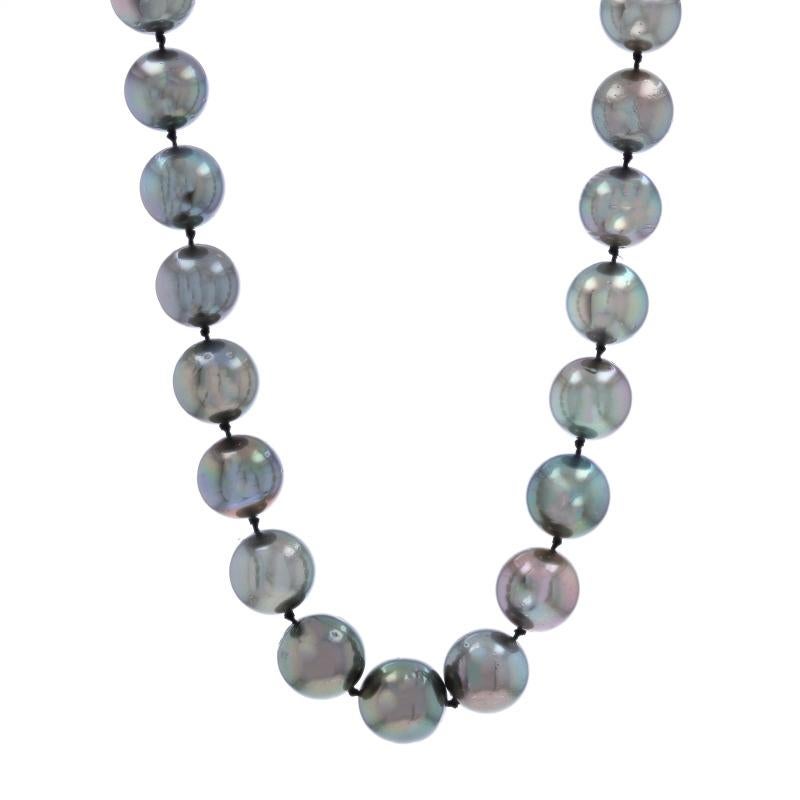 Metal Content: 14k White Gold

Stone Information

Cultured Tahitian Pearls
Size: 10.1mm - 11.8mm

Style: Knotted Strand
Fastening Type: Tab Clasp with Safety Bar

Measurements

Length: 18 3/4