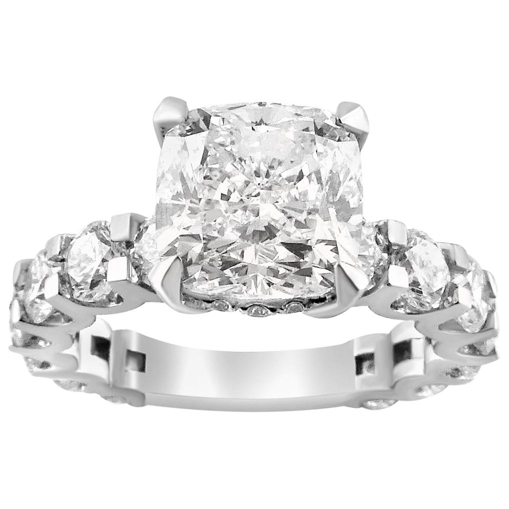 White Gold Cushion Cut Diamond Ring with Side Stones, 5.83 Carat For Sale