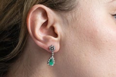 Vintage 14k White Gold Dangle Earrings with Emeralds and Diamonds