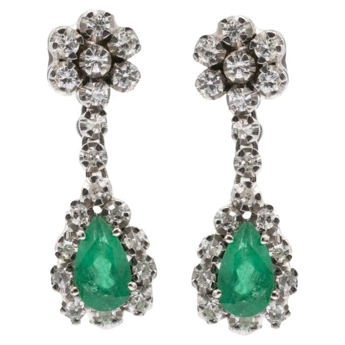 White Gold Dangle Earrings with Emeralds and Diamonds