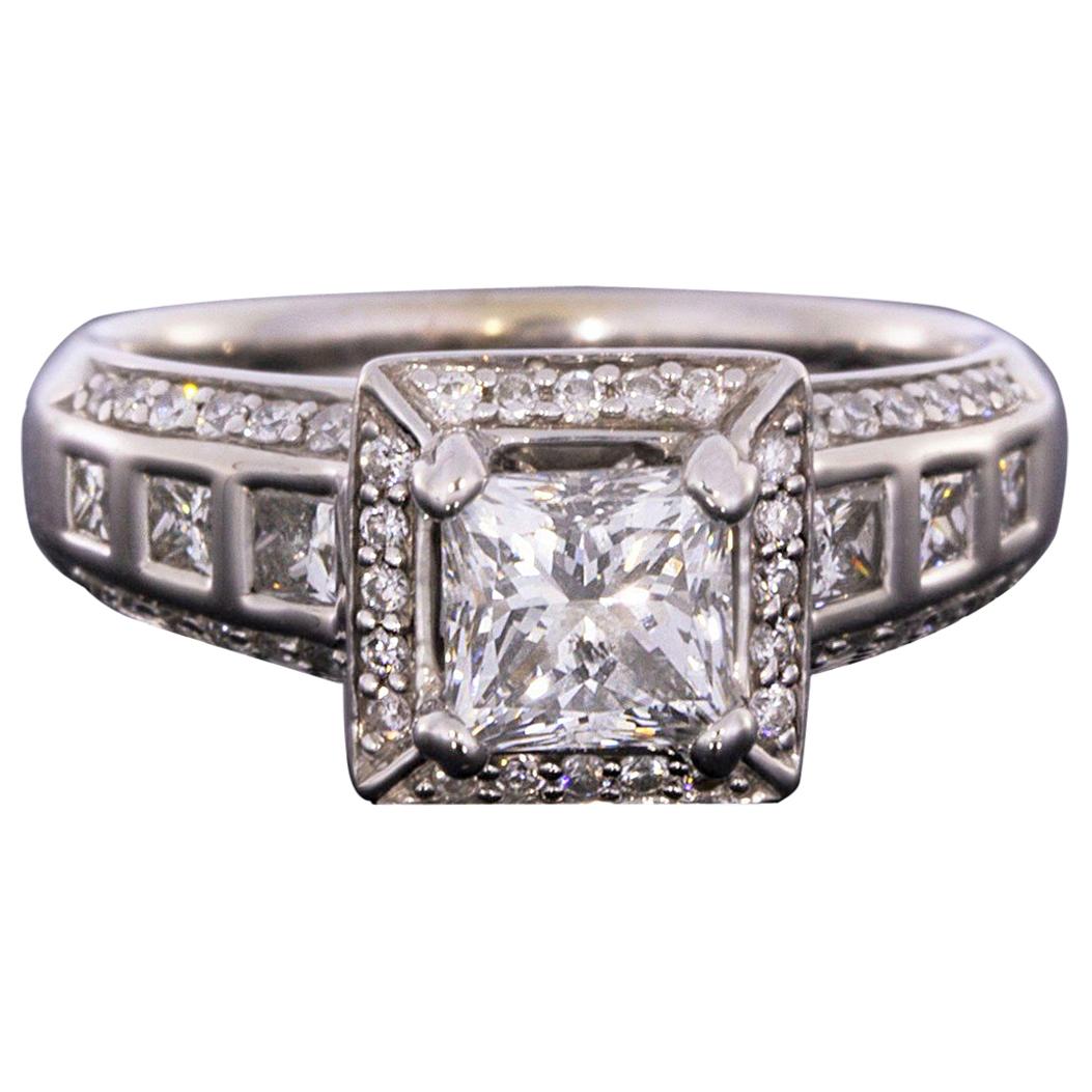 White Gold Deco Style Princess Diamond Halo Engagement Ring