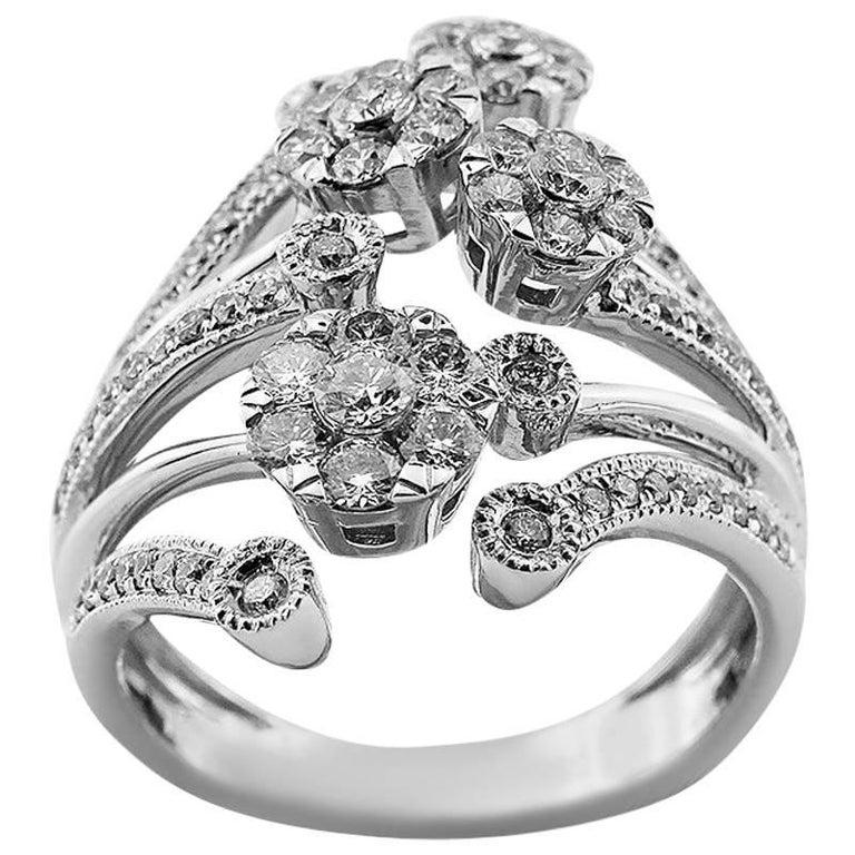 Round Cut White Gold Detailed Flower Ring with Brilliant Cut Diamonds For Sale
