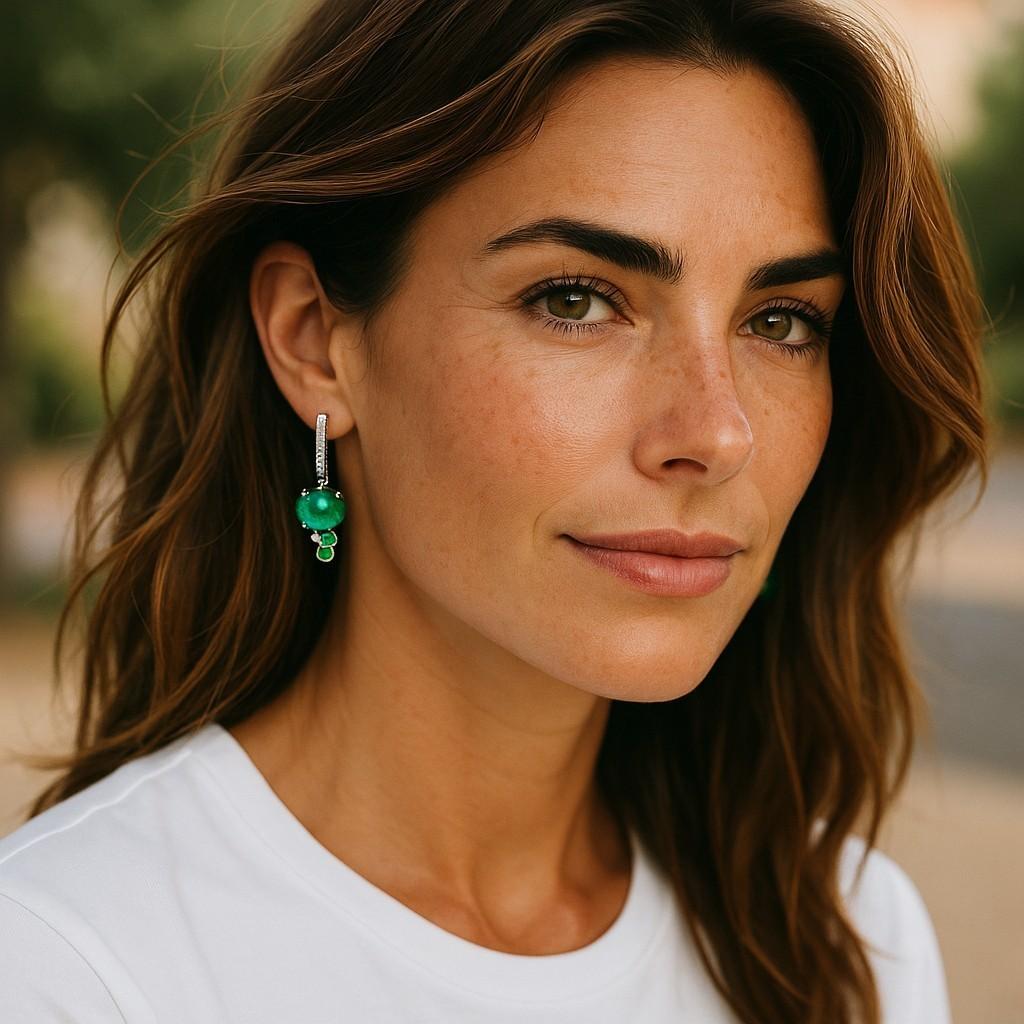 Ti presentiamo i nostri squisiti orecchini a cerchio in oro bianco 14 carati, impreziositi da smeraldi cabochon e diamanti scintillanti, perfetti per aggiungere un tocco di eleganza a qualsiasi ensemble.
Caratteristiche primarie:
Materiale: