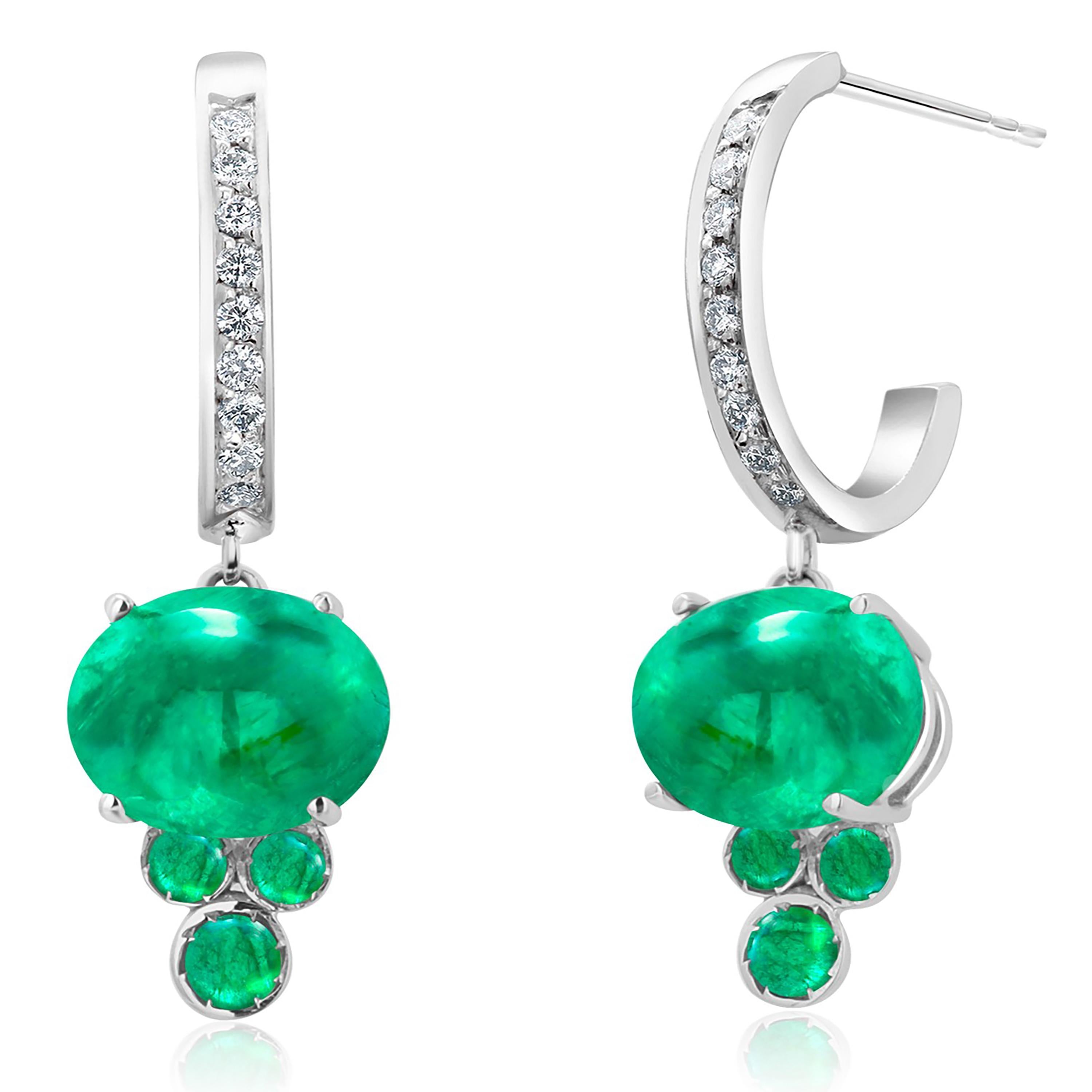 White Gold Diamond 1 Inch Long Earrings Cabochon Emeralds weighing 4.70 Carat In New Condition For Sale In New York, NY