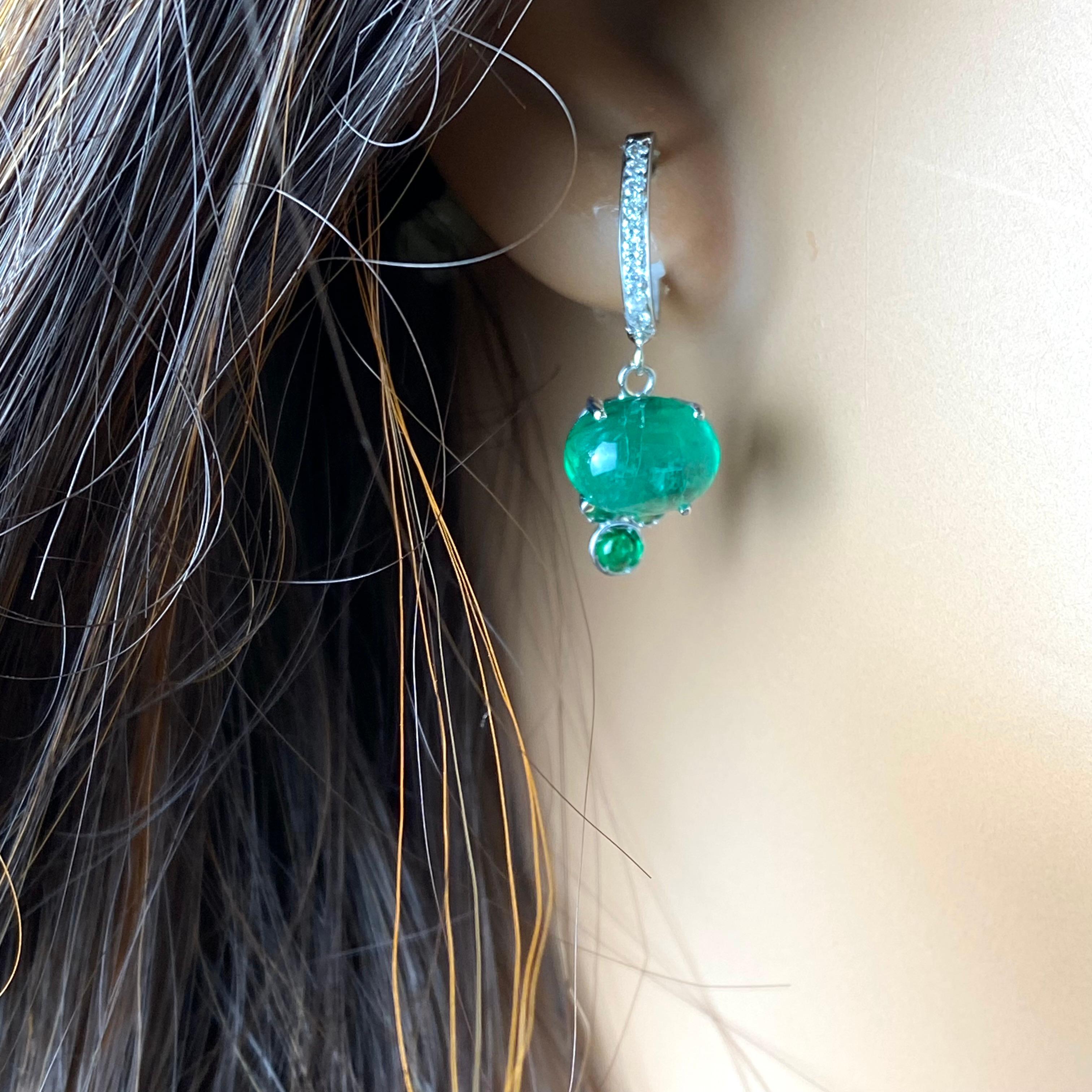 Women's White Gold Diamond 1 Inch Long Earrings Cabochon Emeralds weighing 4.70 Carat For Sale