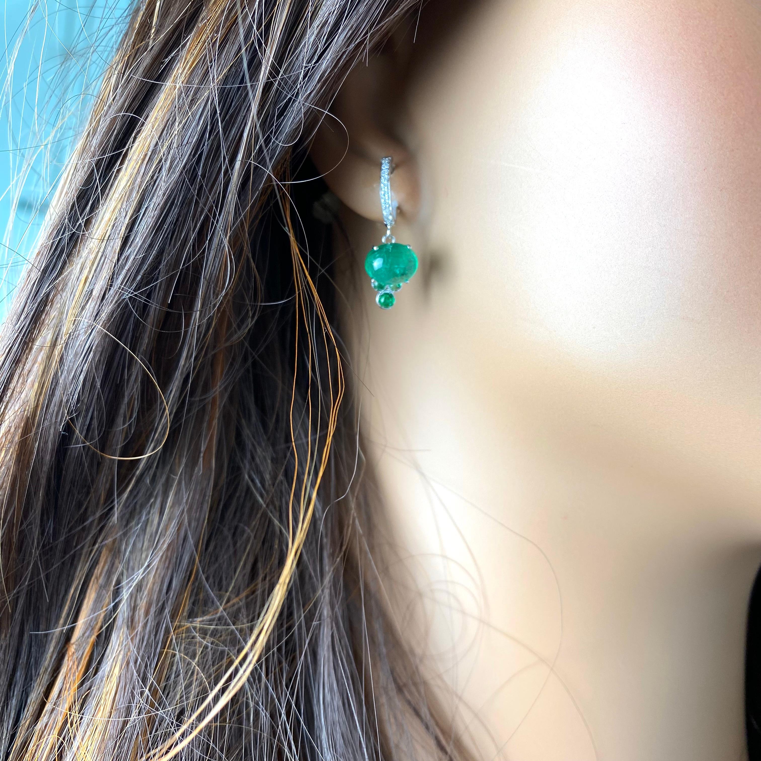 White Gold Diamond 1 Inch Long Earrings Cabochon Emeralds weighing 4.70 Carat For Sale 1
