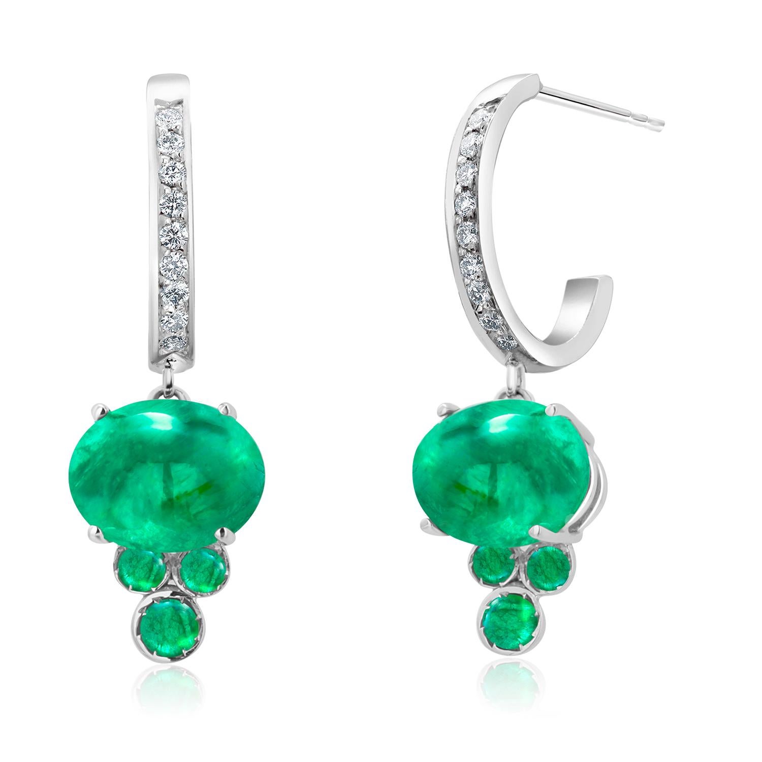 White Gold Diamond 1 Inch Long Earrings Cabochon Emeralds weighing 4.70 Carat For Sale 2