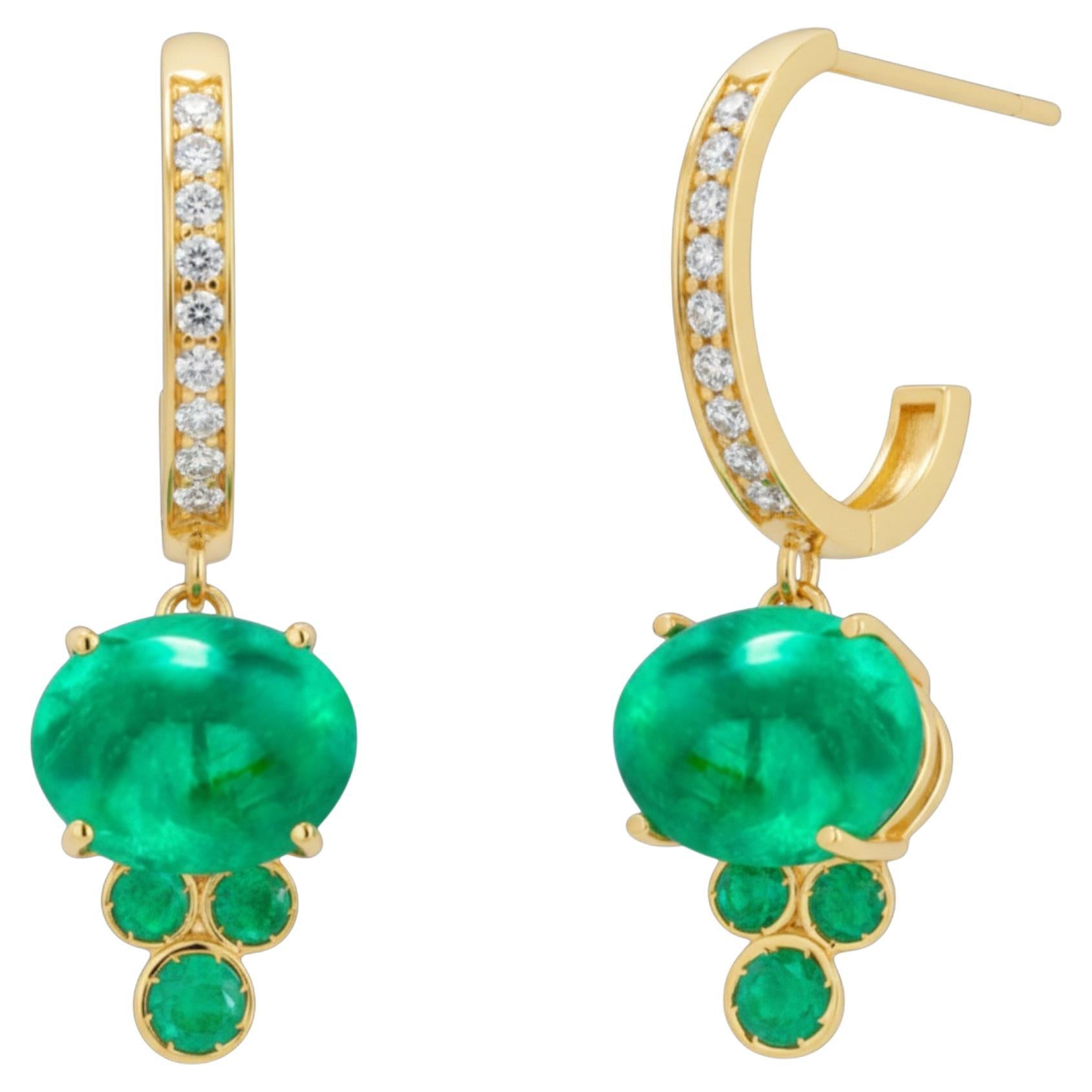 14K Yellow Gold Hoop Drop Earrings, 4.70ct Cabochon Emeralds, Diamonds