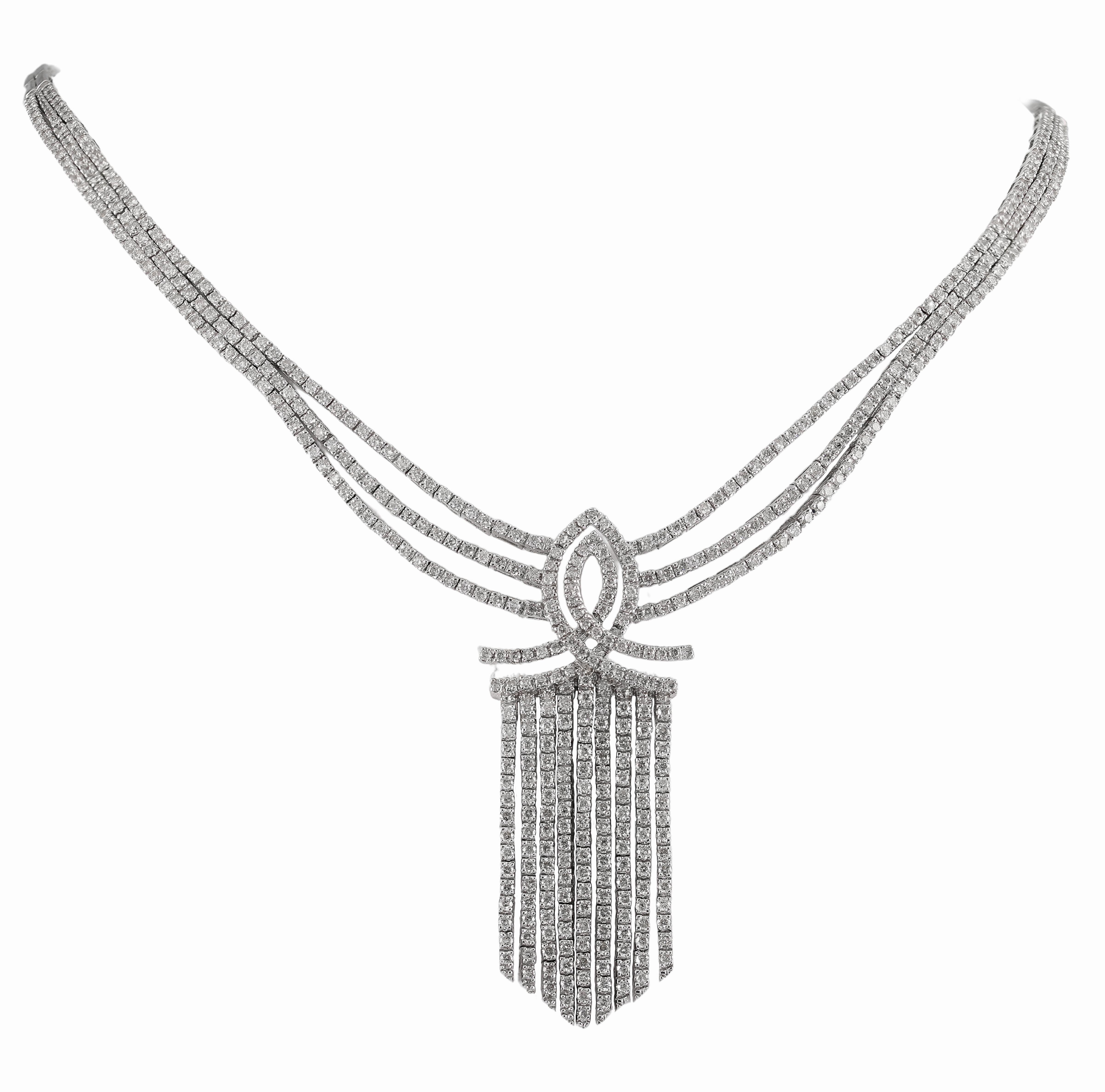 Round Cut White Gold Diamond 8.50 Carat Waterfall Chandelier Necklace For Sale