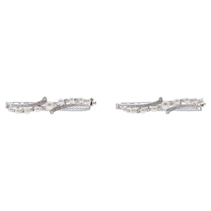 Pulseras de oro blanco con diamantes y perlas Akoya 6 1/4" 14k Juego redondo y sencillo 1.08ctw en venta