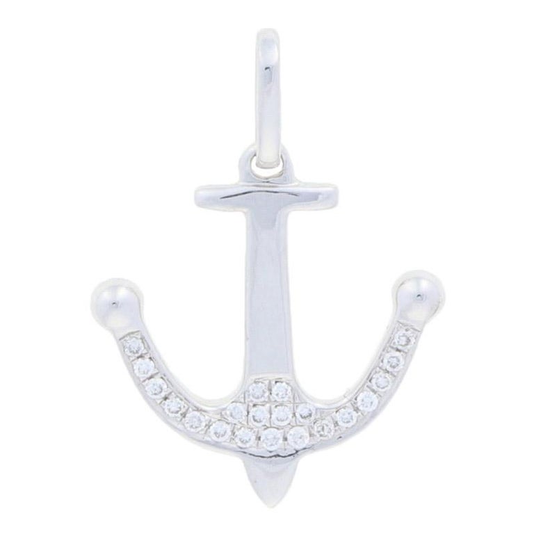 White Gold Diamond Anchor Pendant, 18k Round Brilliant Accents Nautical ...