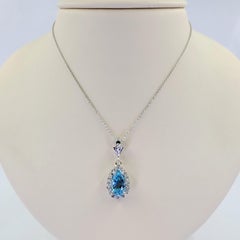 White Gold, Diamond, and Aquamarine Drop Pendant Necklace