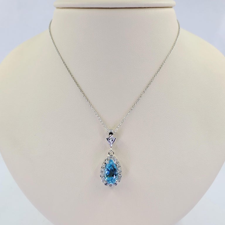 White Gold, Diamond, and Aquamarine Drop Pendant Necklace For Sale at