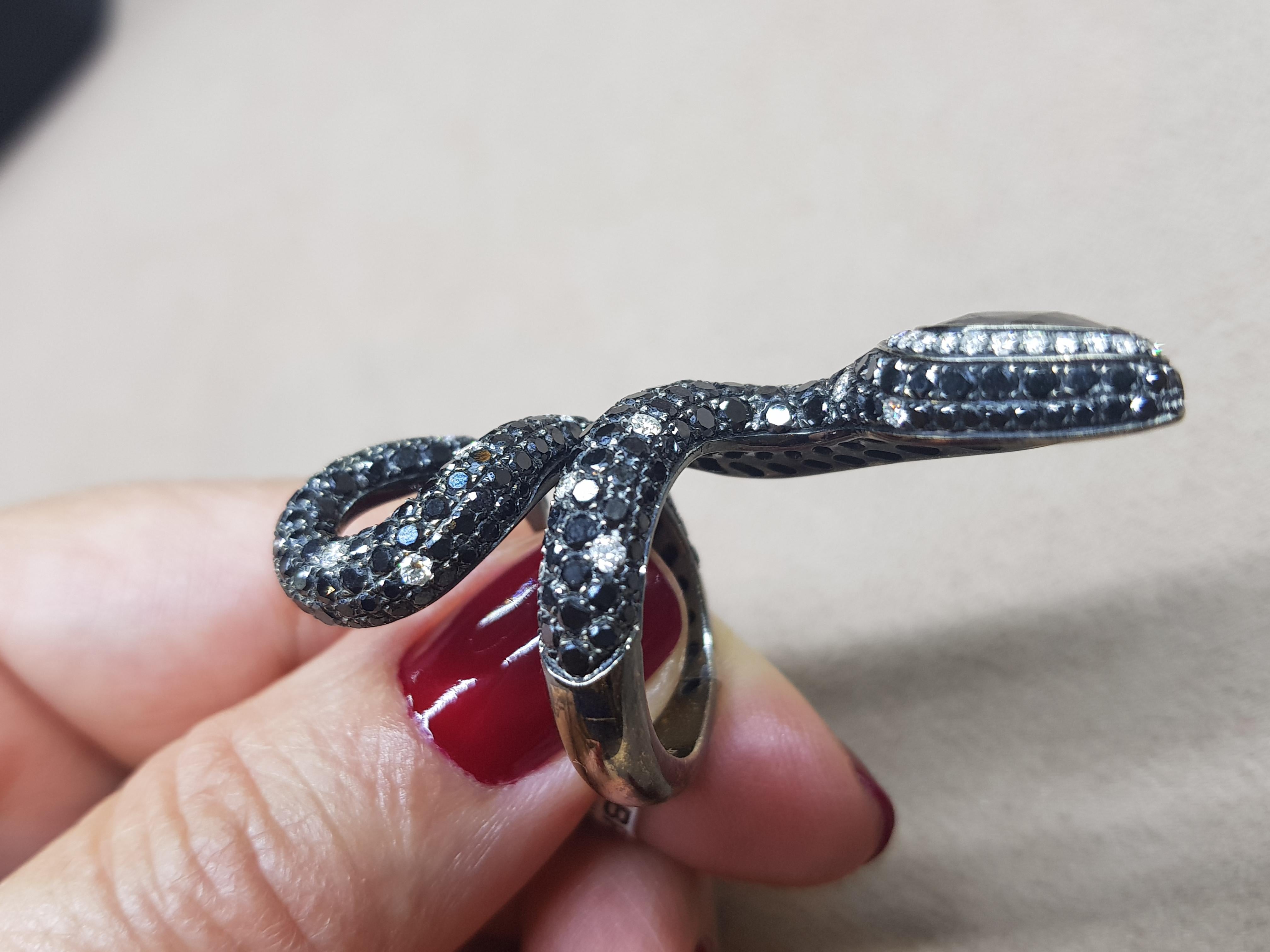 Round Cut White Gold Diamond and Black Diamond Snake Cocktail Ring For Sale