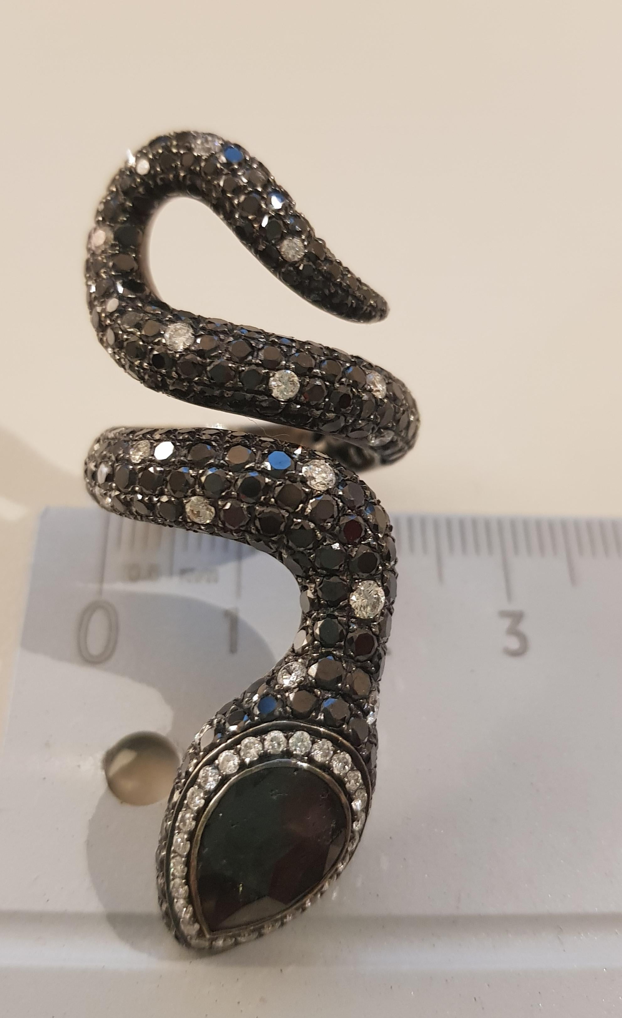 Women's White Gold Diamond and Black Diamond Snake Cocktail Ring For Sale