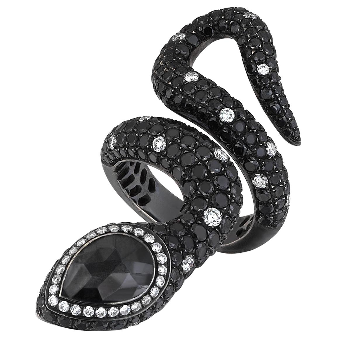 White Gold Diamond and Black Diamond Snake Cocktail Ring For Sale