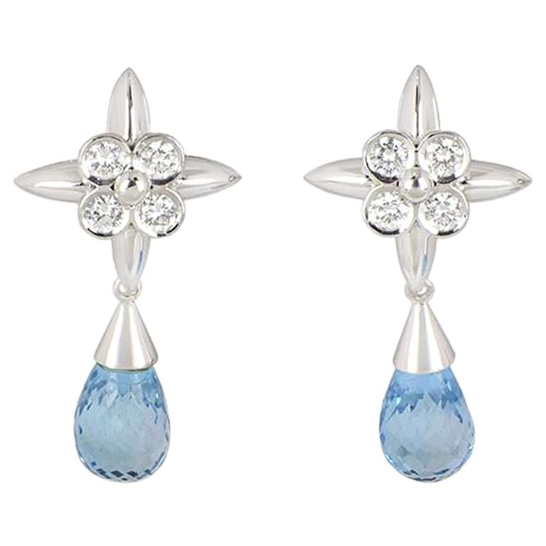 White Gold Diamond and Blue Topaz Drop Earrings