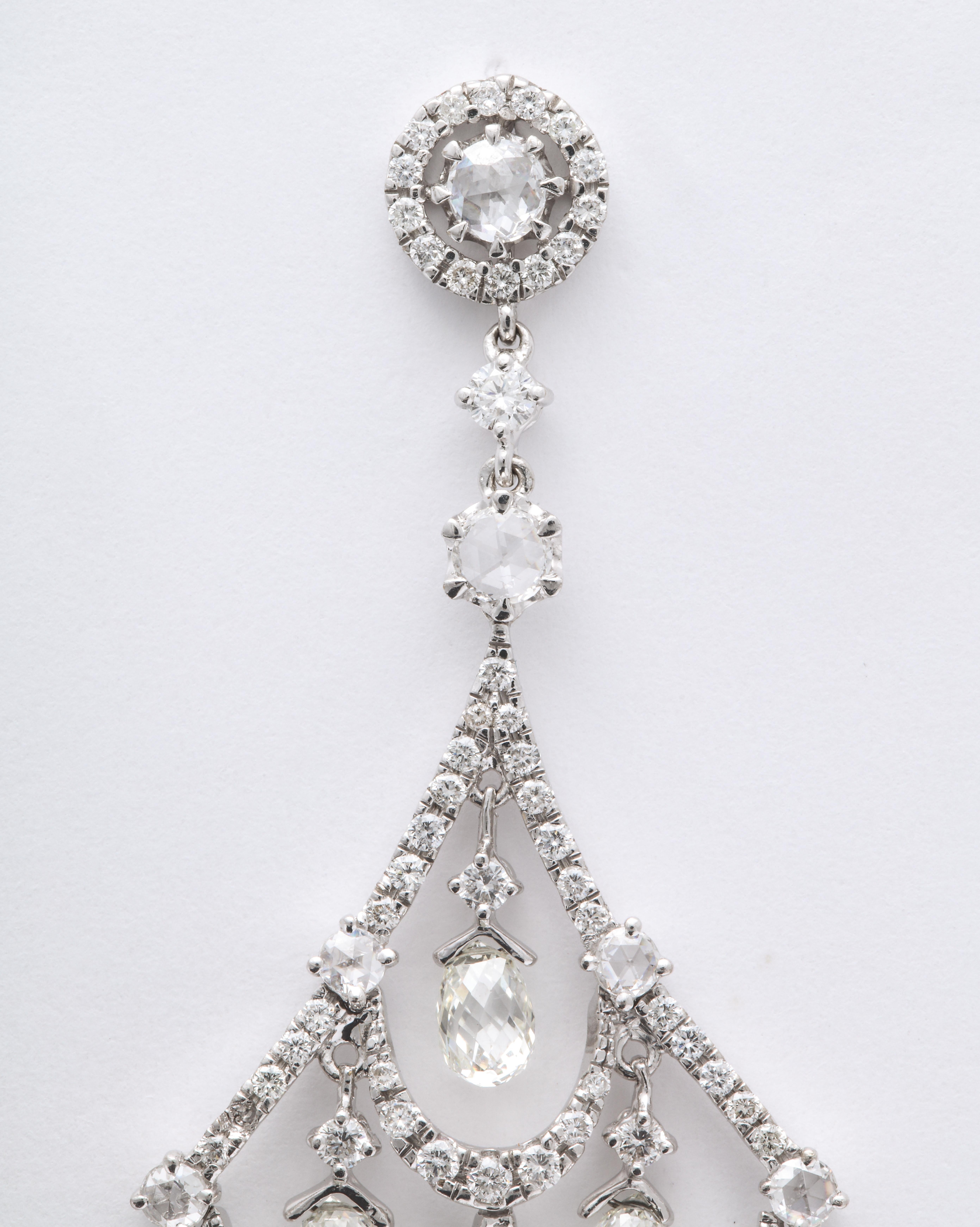 Round Cut White Gold, Diamond and Diamond Briolette Chandelier Earrings For Sale