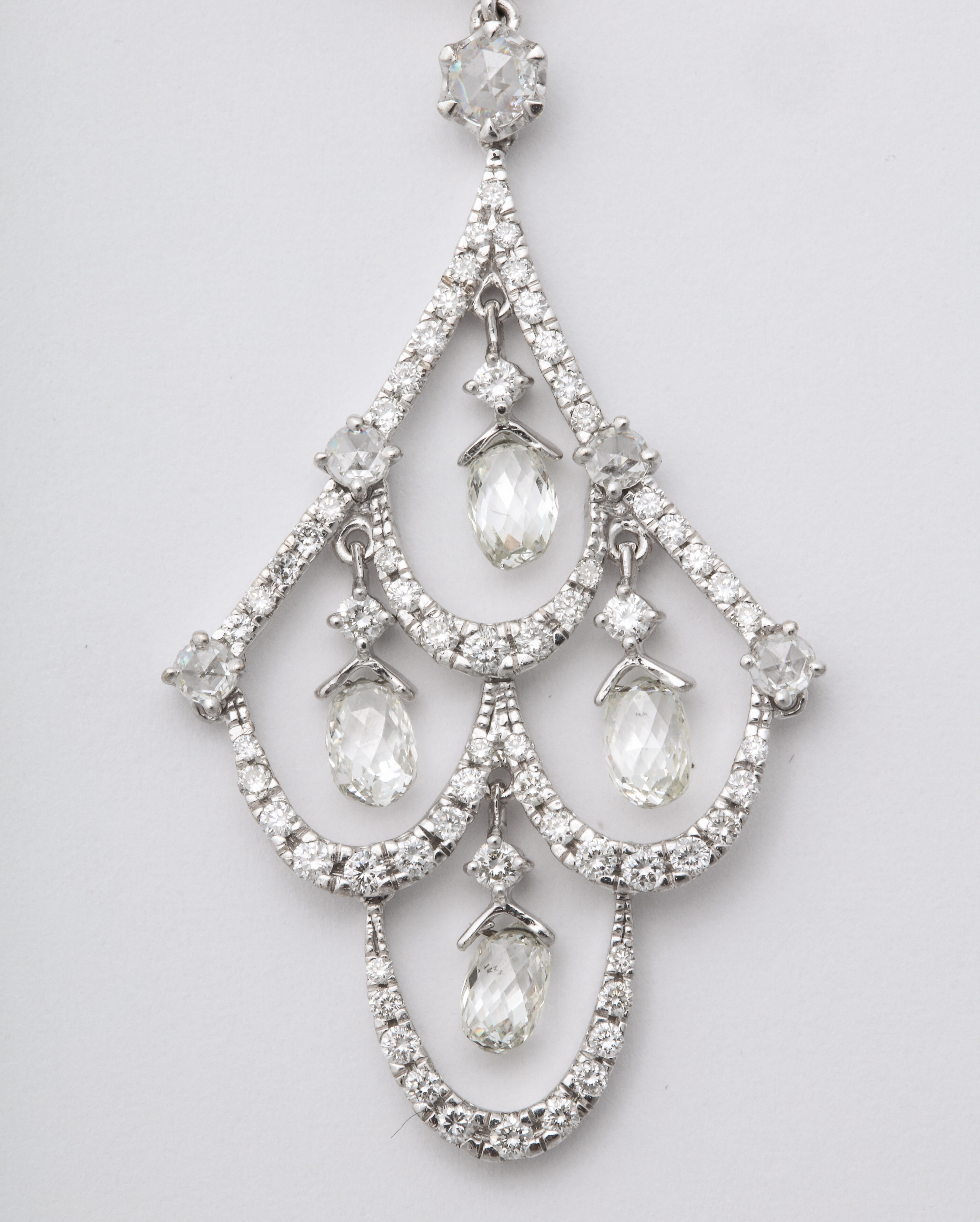White Gold, Diamond and Diamond Briolette Chandelier Earrings In New Condition For Sale In New York, NY