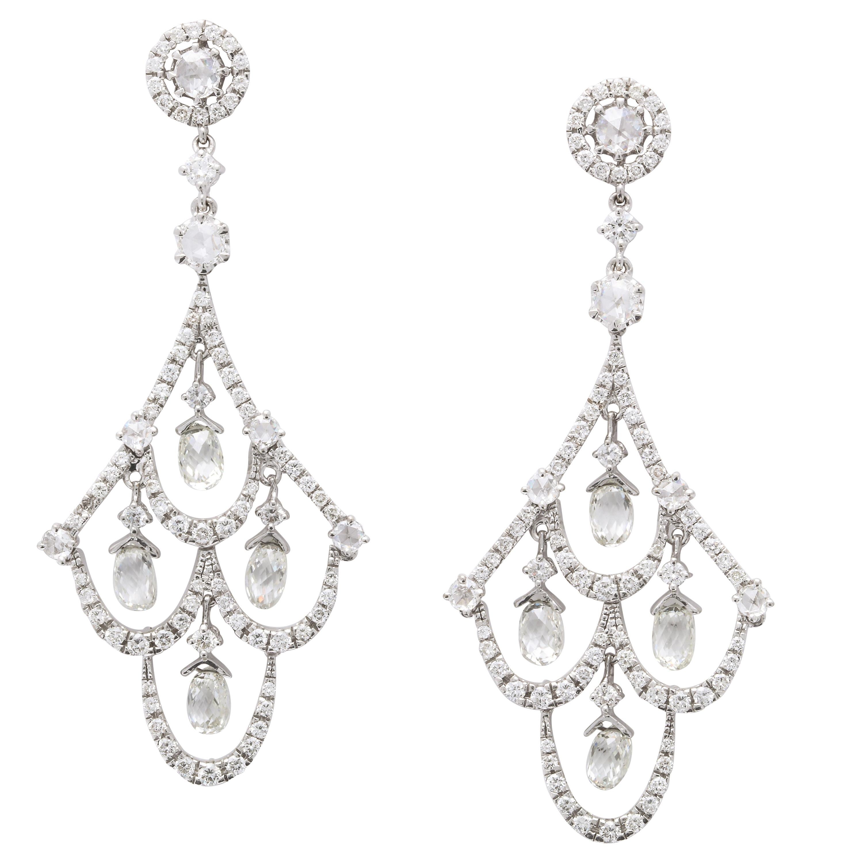 White Gold, Diamond and Diamond Briolette Chandelier Earrings For Sale