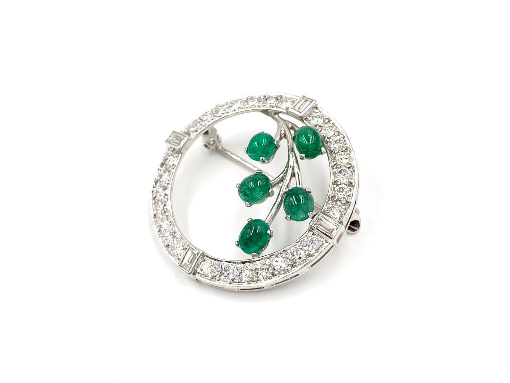 Retro White Gold Diamond and Emerald Garland Style Brooch For Sale