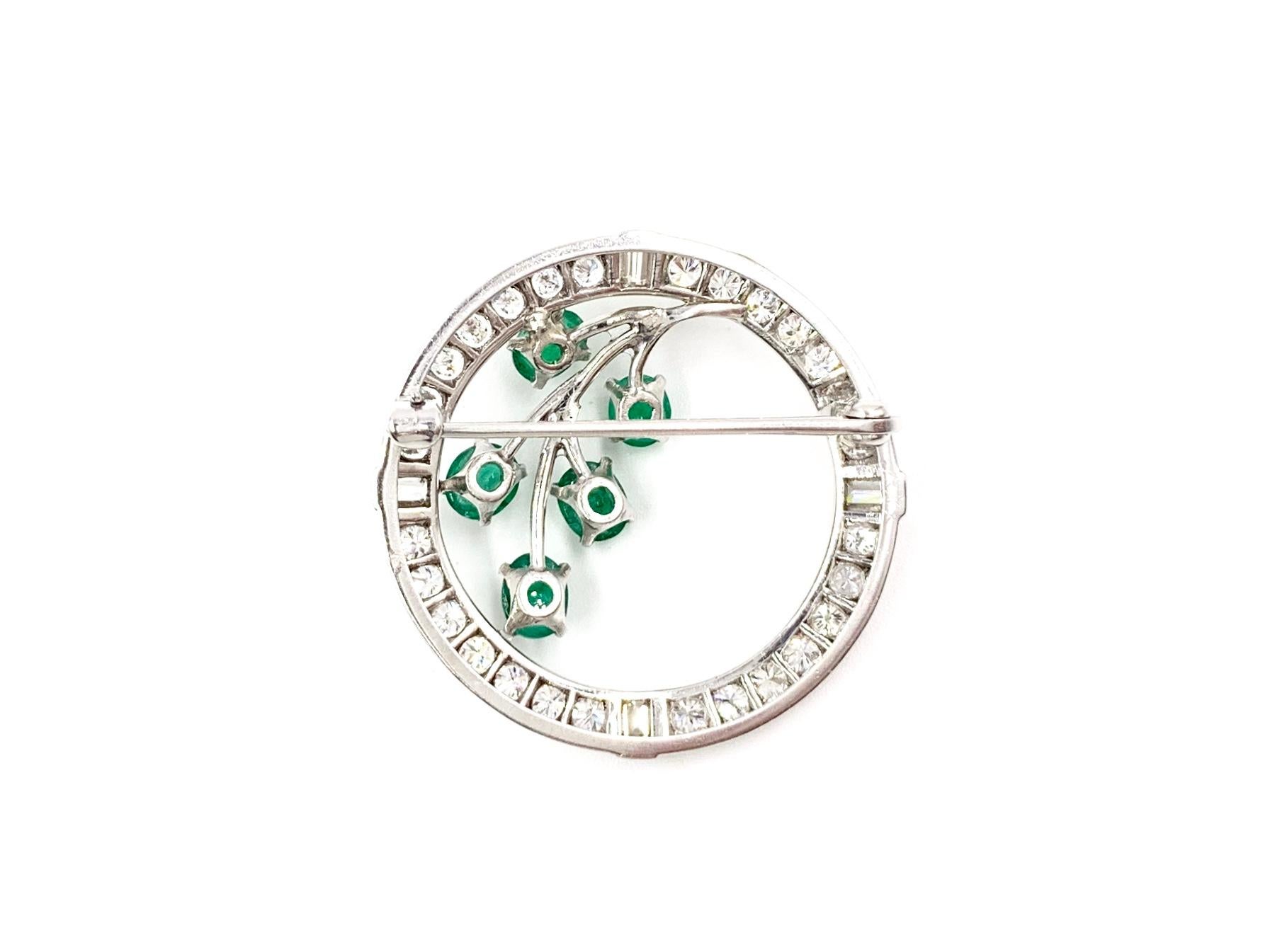 White Gold Diamond and Emerald Garland Style Brooch In Good Condition For Sale In Pikesville, MD