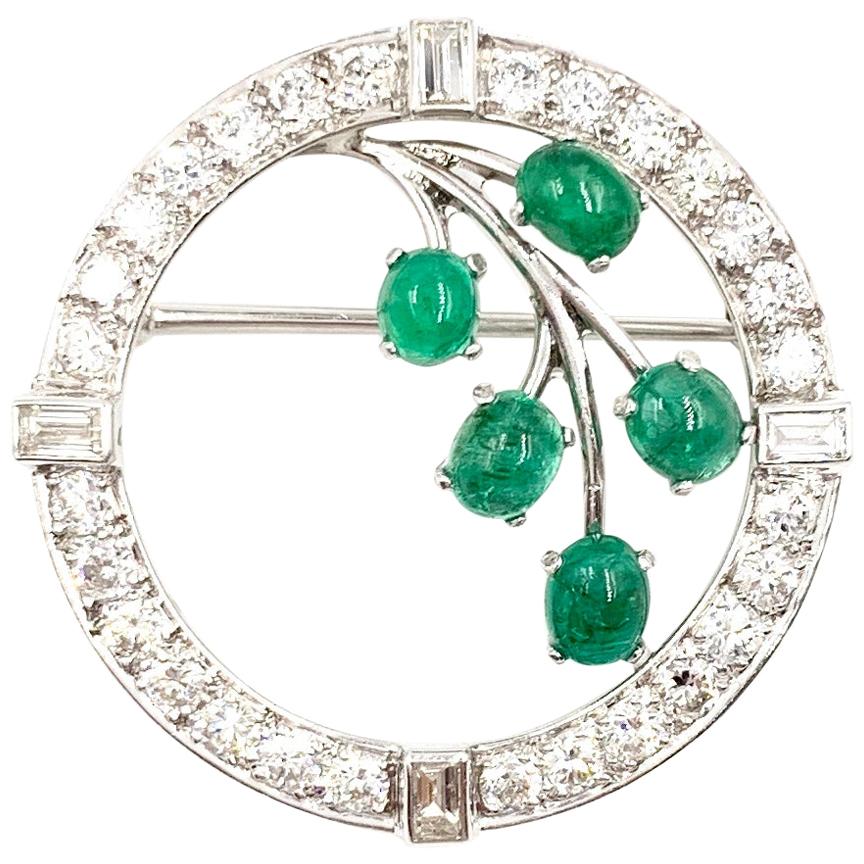 White Gold Diamond and Emerald Garland Style Brooch For Sale