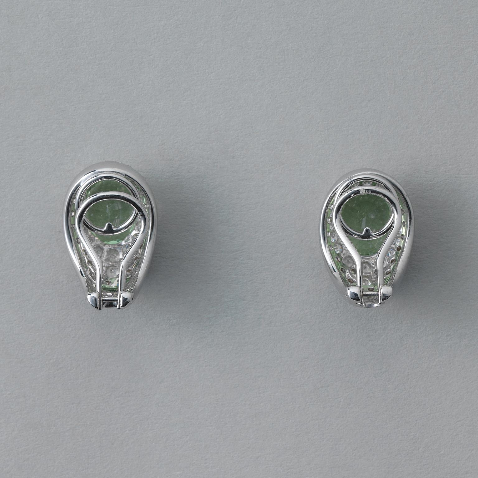 Oval Cut White Gold Diamond and Mint Green Tourmaline Earrings
