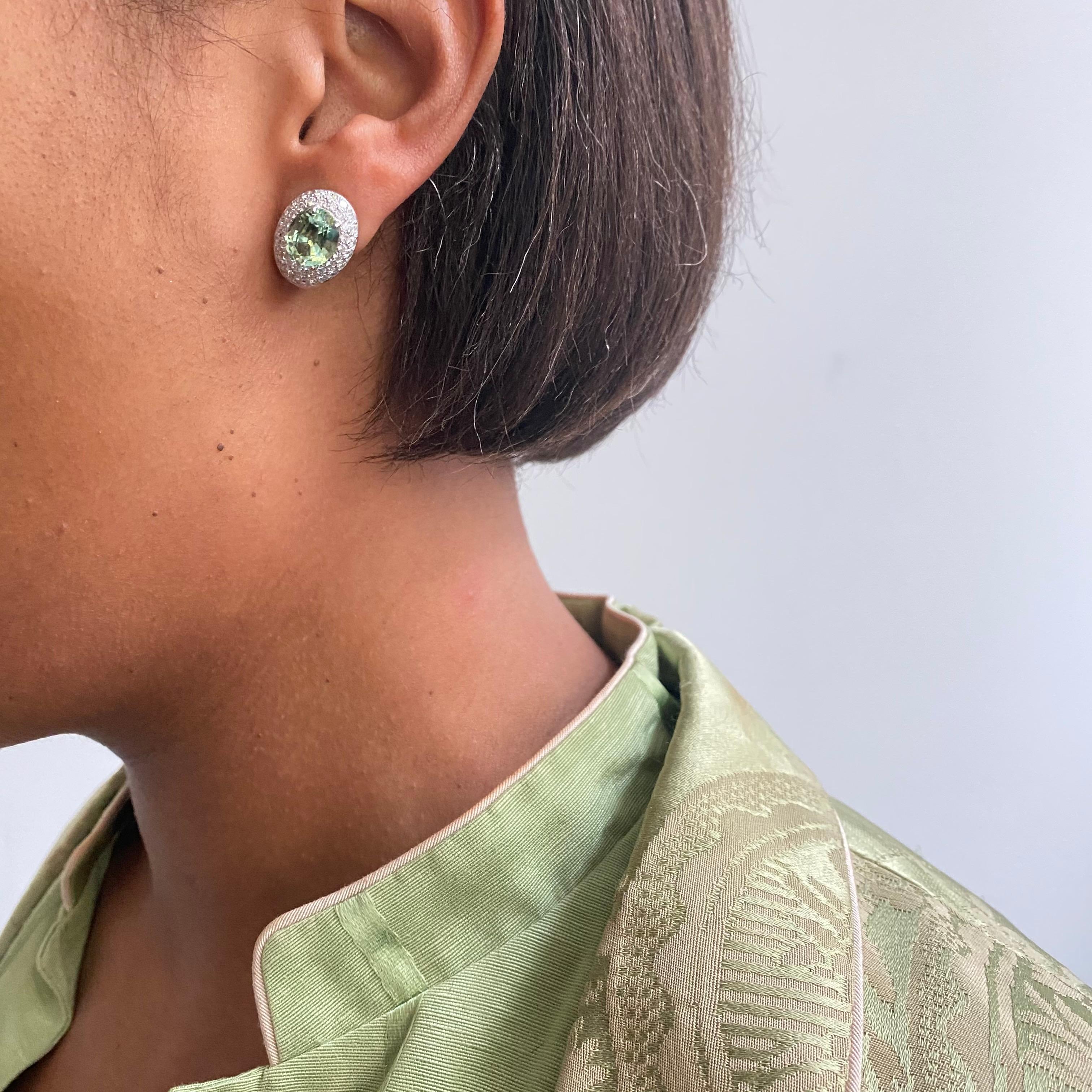 Women's or Men's White Gold Diamond and Mint Green Tourmaline Earrings